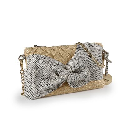 SUMMER CLUTCH BAG IN WOVEN STRAW WITH ZIP CLOSURE AND GOLDEN CHAIN ​​SHOULDER STRAP - B251X PRECIOUS BOW