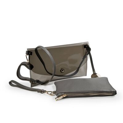 CLUTCH BAG IN LEATHER/PVC WITH CANVAS CLUTCH, LEATHER SHOULDER STRAP AND LEATHER WRIST HANDLE - B316 MIRROR