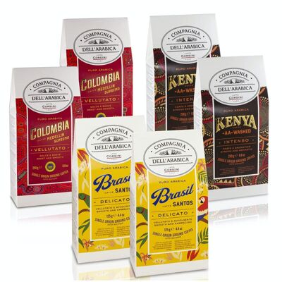 Pure Arabica ground coffee tasting set. 6 packets X 250 grams each