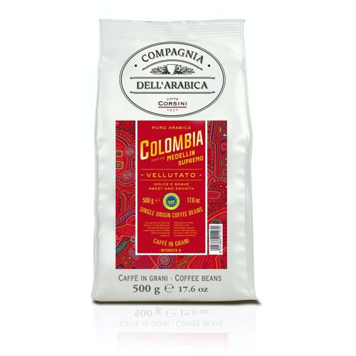 Caffè Colombia Medellin in grani 100% Arabica. Confezione da 500 grammi