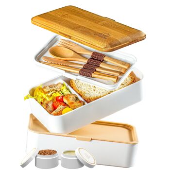 Bento Lunch Box 1,2L Tout Inclus, 4 couverts, blanc & bambou, Couvercle en Vrai Bambou, Étanche, 2 pots à sauce, UMAMI Bento Box Adulte,  Fetes des Meres/Peres 1