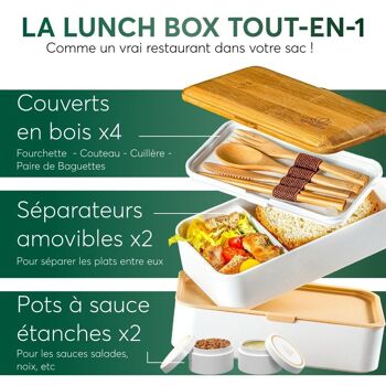 Bento Lunch Box 1,2L Tout Inclus, 4 couverts, blanc & bambou, Couvercle en Vrai Bambou, Étanche, 2 pots à sauce, UMAMI Bento Box Adulte,  Fetes des Meres/Peres 4