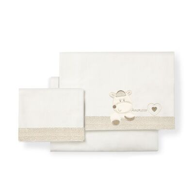 3 PZ LETTINO PER CARROZZINA (LENZUOLO 106X72+F.80X40X7+COPERTA 38X25)COTONE - MOD. CORAZON - BEIGE