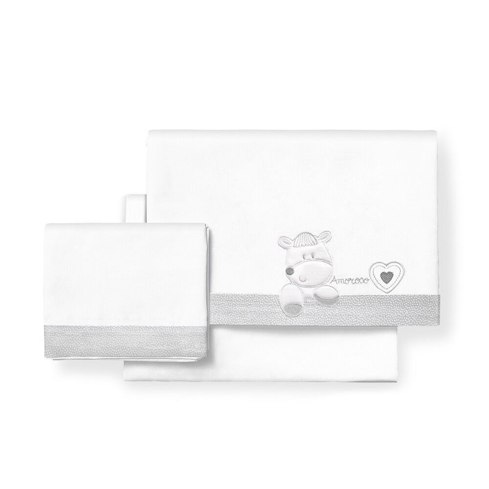 3 PZ LETTINO PER CARROZZINA (LENZUOLO 106X72+F.80X40X7+CUSTODIA38X25)COTONE - MOD. CORAZON - C/GRIGIO