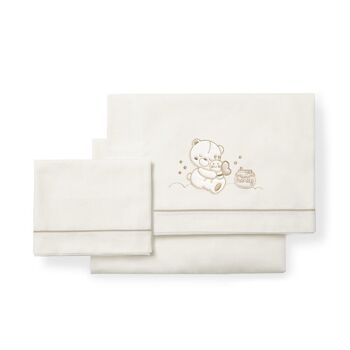 LITERIE 3PCS POUR BERCEAU(DRAP 106X82+S.AJUSTABLES.85X55X9+CASE50X30)COTON - MOD. OURS MIEL - BEIGE