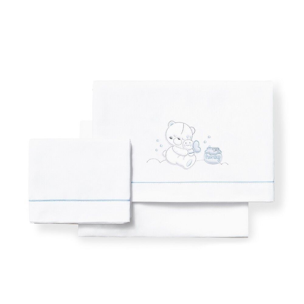 3 LETTI PER CULLA (LENZUOLO 106X82+F.85X55X9+COPERTA 50X30) COTONE - MOD. ORSETTO DEL MIELE - CON BLU