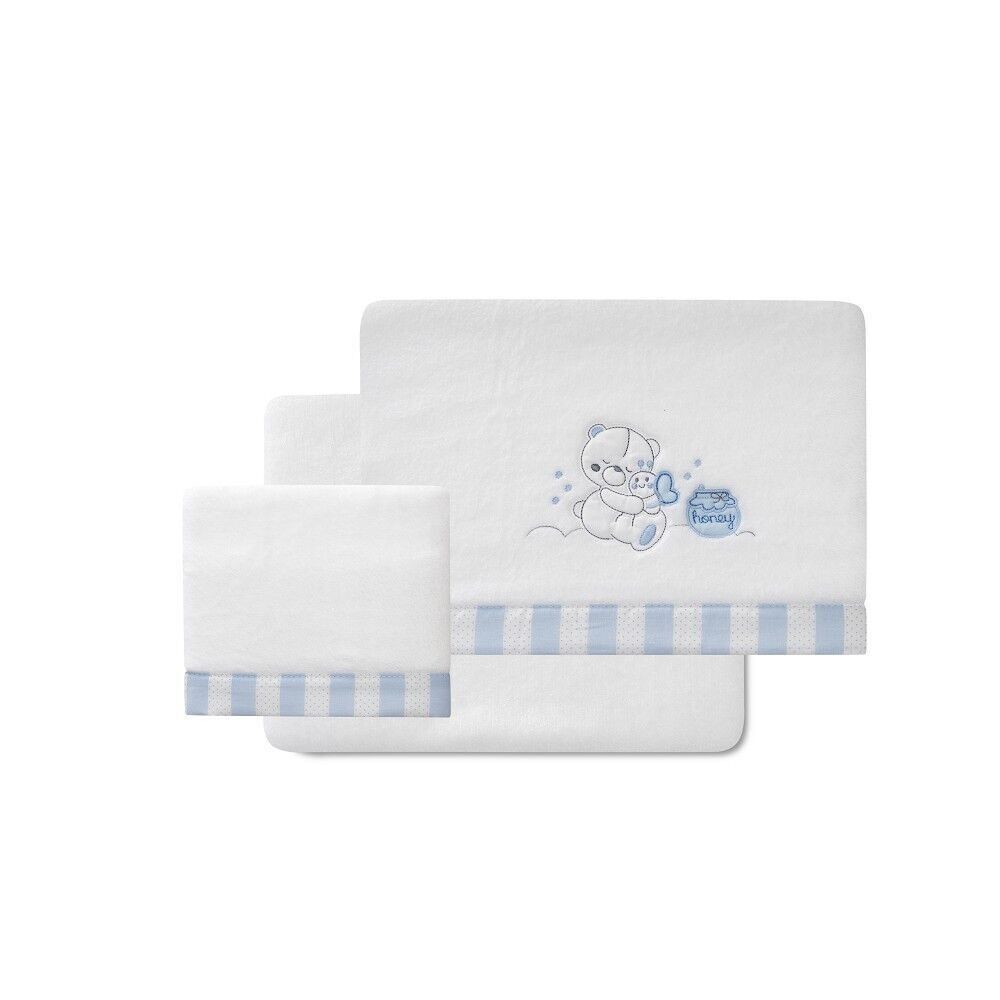 3 PZ LETTINO PER CARROZZINA(LENZUOLO 106X72+F.80X40X7+CUSTODIA38X25)PILE CORALLO - MOD. ORSETTO DEL MIELE - CON BLU