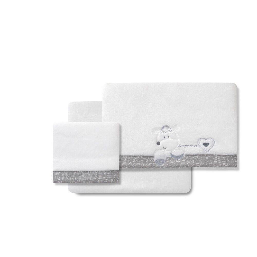 3 PZ LETTINO PER CARROZZINA(LENZUOLO 106X72+F.80X40X7+CUSTODIA38X25)PILE CORALLO - MOD. CORAZON AMOROSO -C/GRIGIO