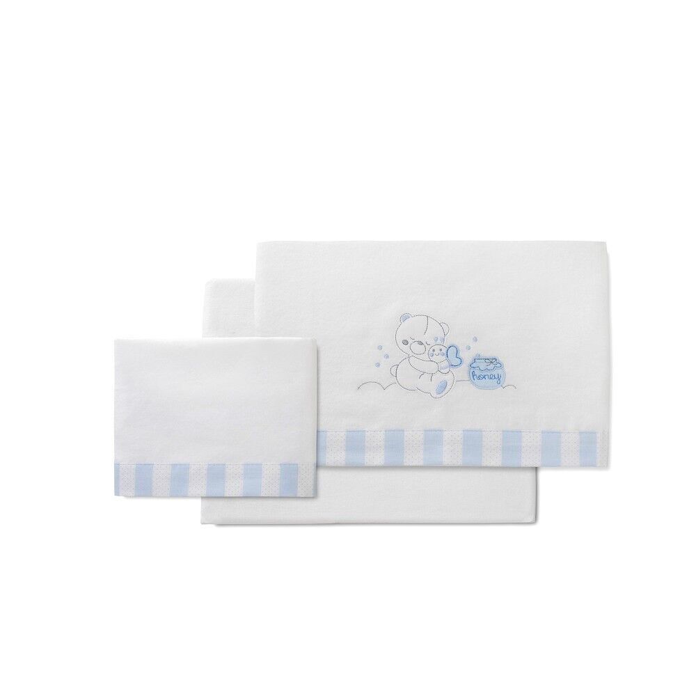 3 PZ LETTO LETTINO 60X120(LENZUOLO152X102+FORT.120X60X12+COPERTA60X30)FLANELLA - MOD. HONEY BEAR-C/BLU