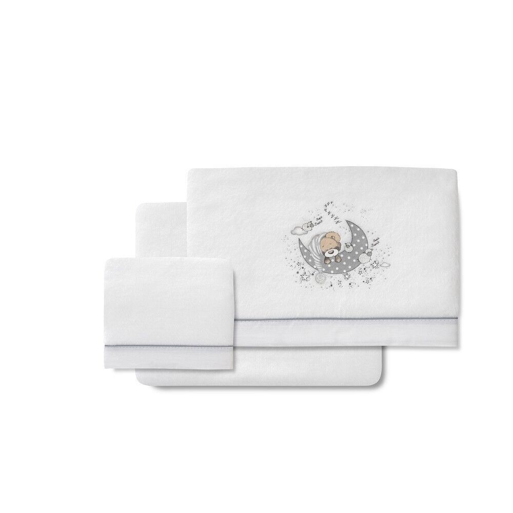 3 PCS BED.CRIB(SH106X82+FITTED S.85X55X9+CASE50X30)CORAL FLEECE-MOD.NEW SLEEPING- W/GRAY