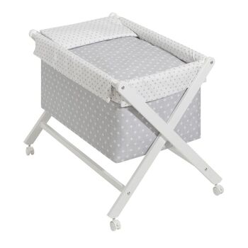 BERCEAU EN X EN HÊTRE BLANC + LITERIE + VÊTEMENT + MATELAS - MOD. ÉTOILE - GRIS