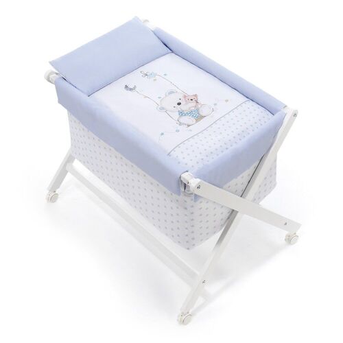 CRIB IN X IN WHITE BEECH + BEDDING + GARMENT + MATTRESS - MOD. OSO COLUMPIO - BLUE