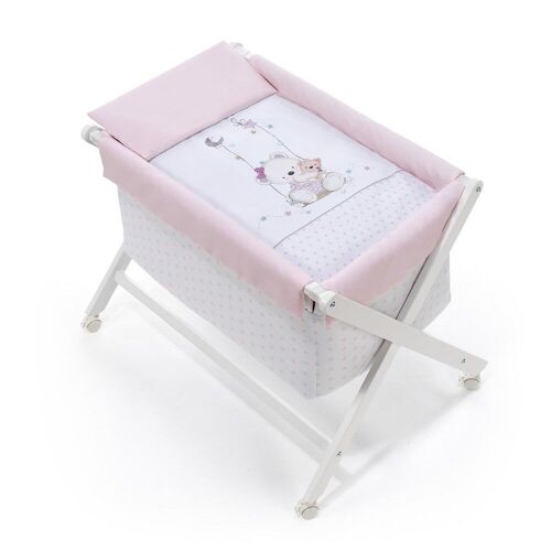 CRIB IN X IN WHITE BEECH + BEDDING + GARMENT + MATTRESS - MOD. OSO COLUMPIO - PINK