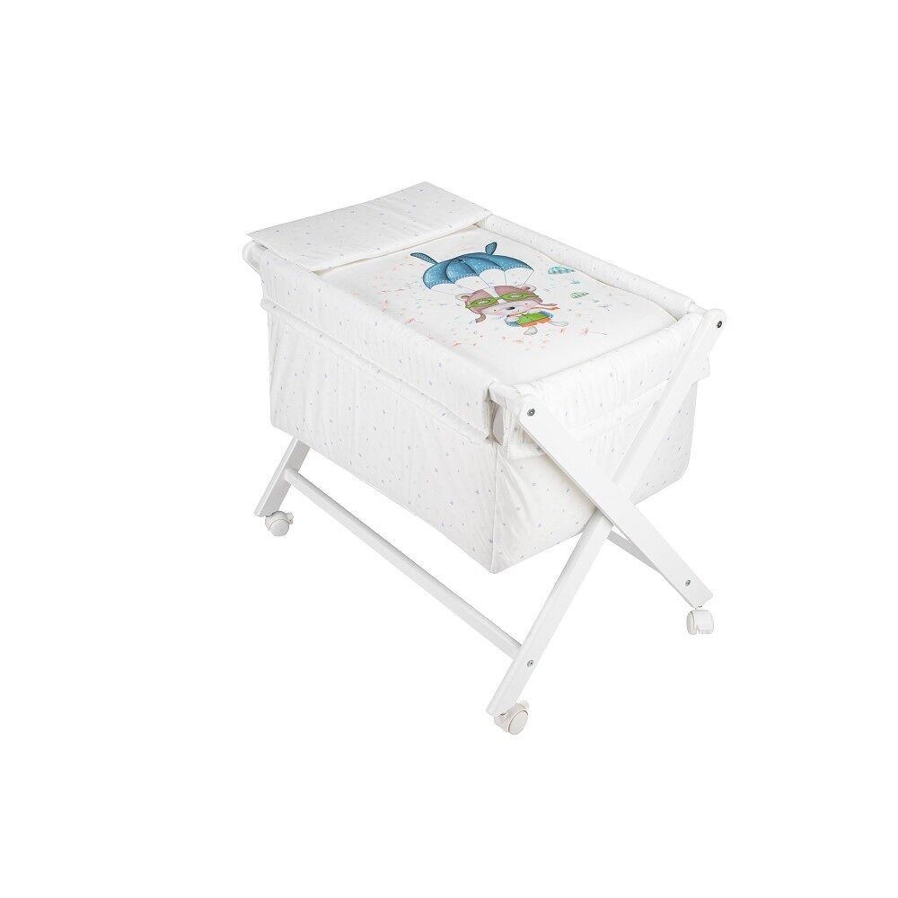 CRIB IN X IN WHITE BEECH + BEDDING + GARMENT + MATTRESS - MOD. PARACAIDISTA - AZUL