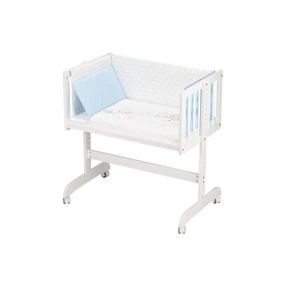 CO-SLEEPING CRIB IN WHITE BEECH + BEDDING + GARMENT + MATTRESS - MOD. ELEFANTE - AZUL