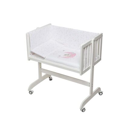 BERCEAU EN HÊTRE BLANC MINANA + LITERIE + VÊTEMENT + MATELAS - MOD. OURS DORMANT - ROSE