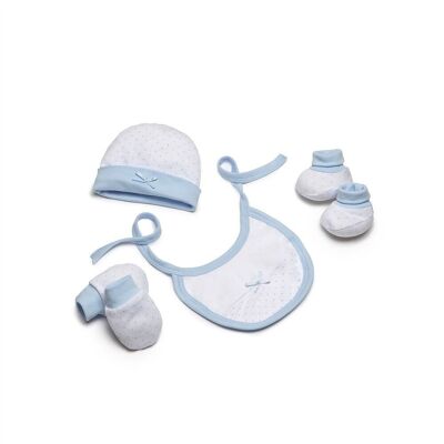 SET 4 PEZZI (CAPPELLO+GUANTI+BAVAGLIOLA+CALZINI) NEONATO (0-6 MESI) - 100% COTONE - MOD. BLU