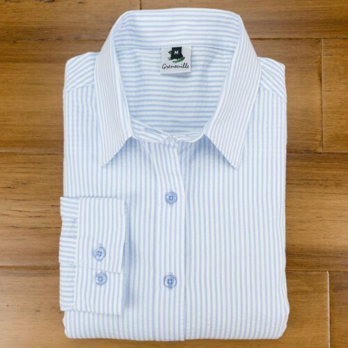 Grenouille Ladies Classic Long Sleeve Blue & White Stripe Seersucker Shirt