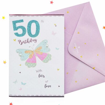 Tarjeta de cumpleaños número 50 para mujer brillante