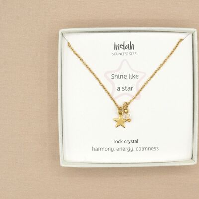 Necklace rock, star and mountain crystal, silver or gold stainless steel