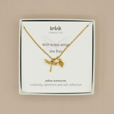 Ketting rock, libelle gele aventurijn, zilver of goud stainless steel