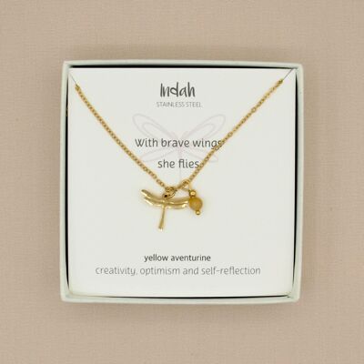 Necklace rock, dragonfly yellow aventurine, silver or gold stainless steel