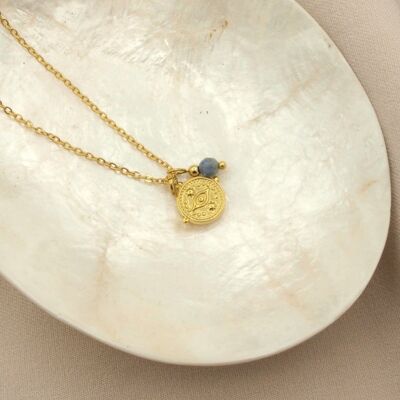 Necklace rock, evil eye- blue quartz, silver and gold stainless steel