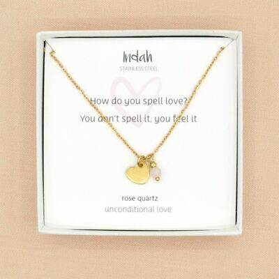 Collier roche, coeur et quartz rose, acier inoxydable argenté ou doré