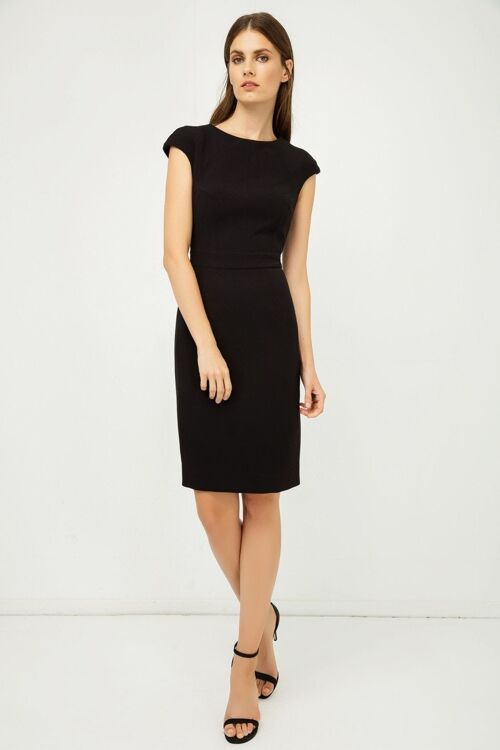 Solid Colour Dress with Cap Sleeves Black Color.