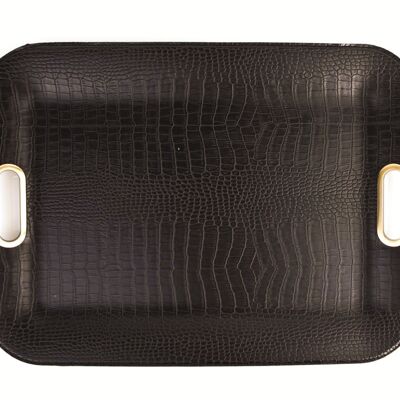 Tray flat artificial leather crocodile dark brown with handles