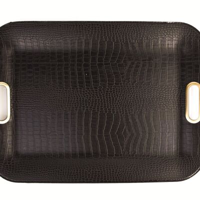Tray flat artificial leather crocodile dark brown with handles