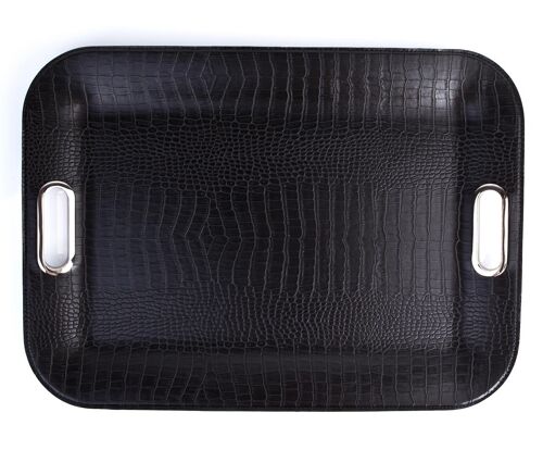 Tablett flach Kunstleder Kroko schwarz mit Griffen