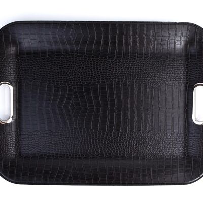 Flat tray in black crocodile leather with handles