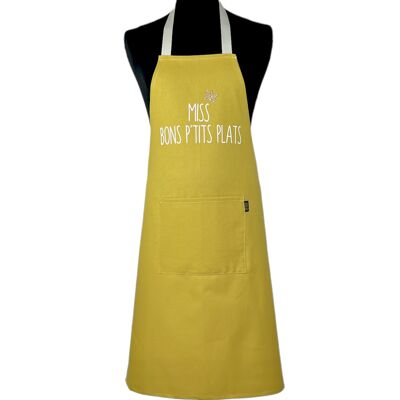 Apron, "Miss good little dishes" plain mustard