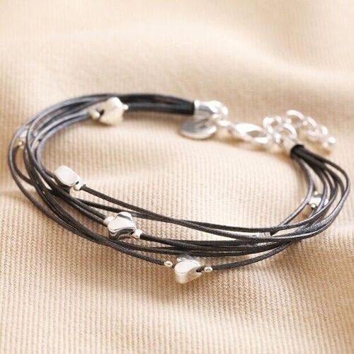 Grey Leather Layered Heart Bracelet in Silver