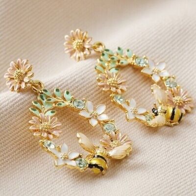 Aretes colgantes con flor de cristal y abeja esmaltada