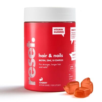Vitamine per capelli - Vegan - 1 mese - Anticaduta per donne, uomini - Crescita dei capelli - Biotina 900 μg, Multivitaminici - Senza zuccheri aggiunti - Senza glutine - Sapore di ciliegia - reset.