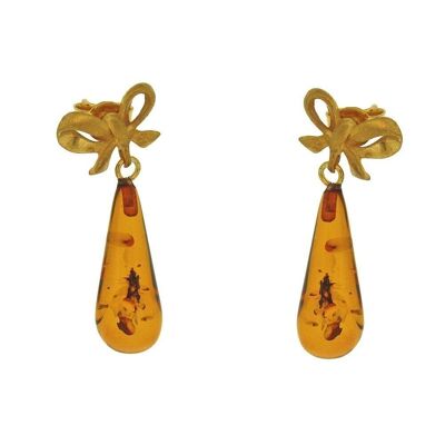 Boucles d'Oreilles Goutte de Pluie Nœud en Ambre et Plaqué Or Jaune et Coffret de Présentation