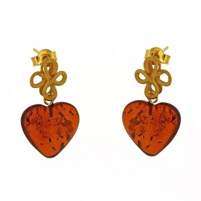 Boucles d'Oreilles Coeur Nœud Plaqué Or Jaune et Ambre et Coffret de Présentation