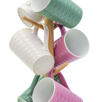 Portavasos de madera que incluye 6 tazas de cerámica