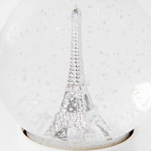 Boule à neige en verre tour Eiffel, neige et paillettes argentées