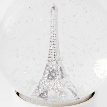 Boule à neige en verre tour Eiffel, neige et paillettes argentées 1