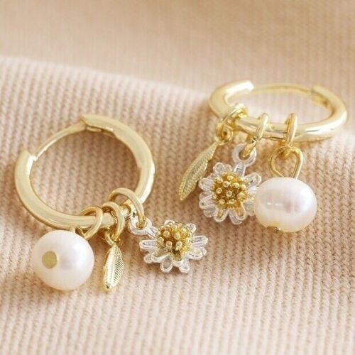 Daisy, Pearl and Feather Charm Hoop Earrings in Gold