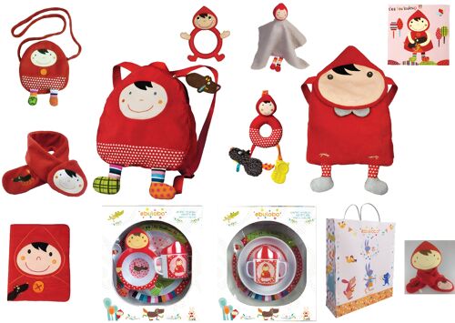 Coffret Chaperon Rouge jouets d'éveil vaisselle accessoires (Offert : 25 sacs cadeau, un présentoir écharpe et 2 écharpes !!! )