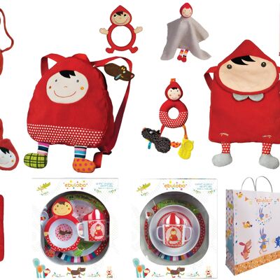 Coffret Chaperon Rouge jouets d'éveil vaisselle accessoires (Offert : 25 sacs cadeau, un présentoir écharpe et 2 écharpes !!! )