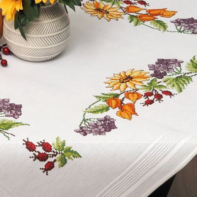 Autumn Floral Cross Stitch DIY Table Topper Kit, 80 x 80 cm