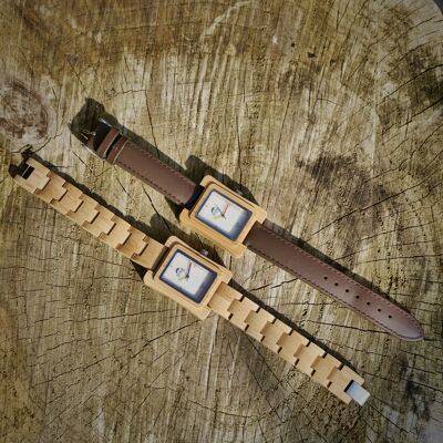 Montre en bambou à cadran blanc corail/bracelet en cuir par Treeless Products