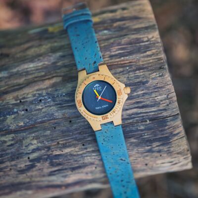 Reloj pequeño de bambú Nalu/Correa de corcho/Azul de Treeless Products