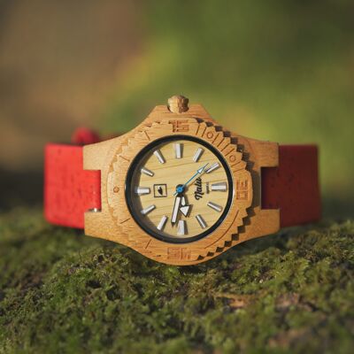 Petite montre NALU en bambou naturel/bracelet en liège rouge