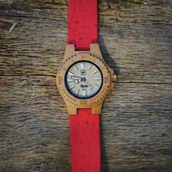 Petite montre NALU en bambou naturel/bracelet en liège rouge 2